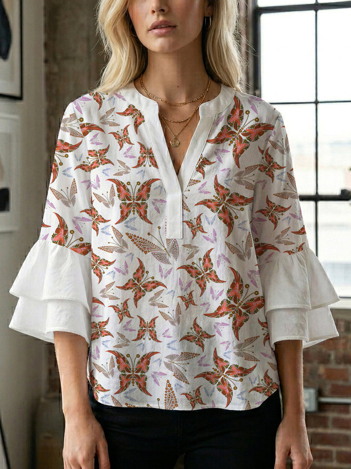 Women's blouse with voluminous ruffle sleeves and creative floral design Lisslune