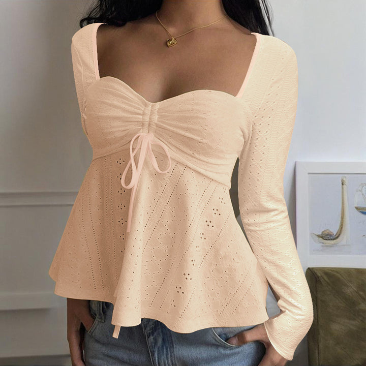 Women's Ruffle Shirt with Deep Heart Neckline and Playful Elegant Design