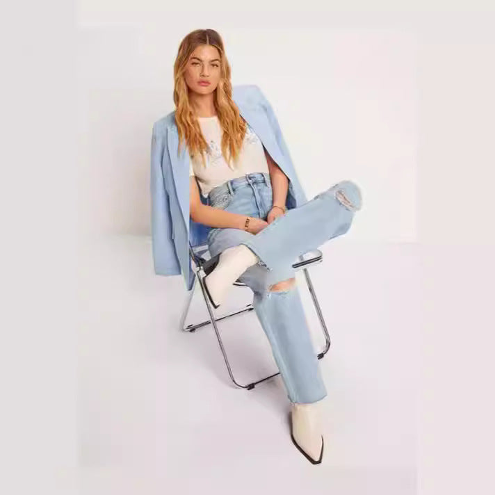 Ladies High-Waist Jeans with frayed hem and trendy rip details Lisslune