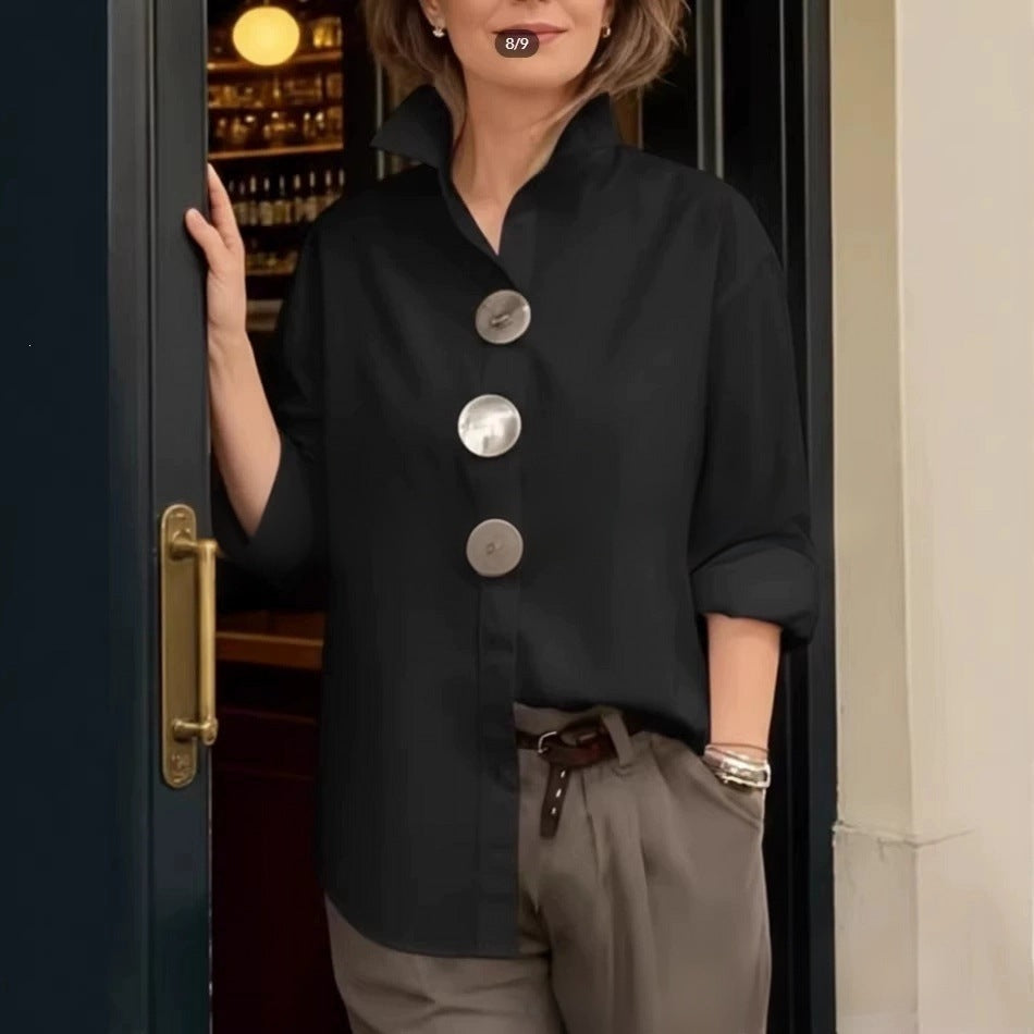 Women's stylish shirt with large button details and a chic standing collar Lisslune