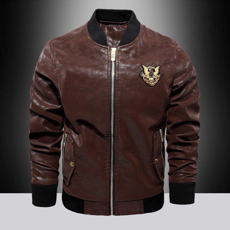 Men's fashion synthetic leather bomber jacket with embroidered details Lisslune