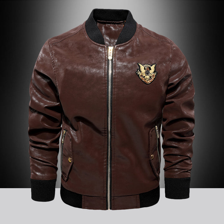 Men's fashion synthetic leather bomber jacket with embroidered details Lisslune