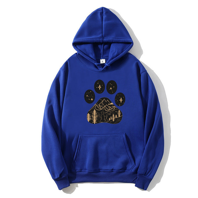 Ladies hoodie with creative paw print design and mountain landscape Lisslune