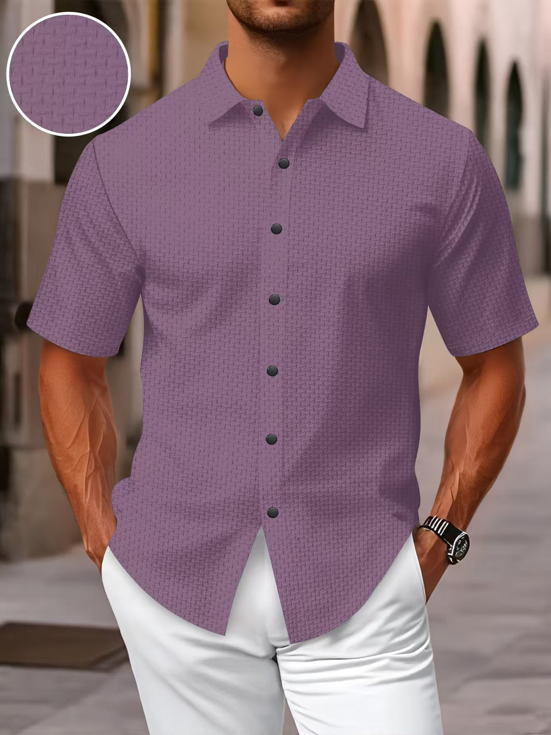 Men's short-sleeve shirt with textured pattern and subtle collar Lisslune