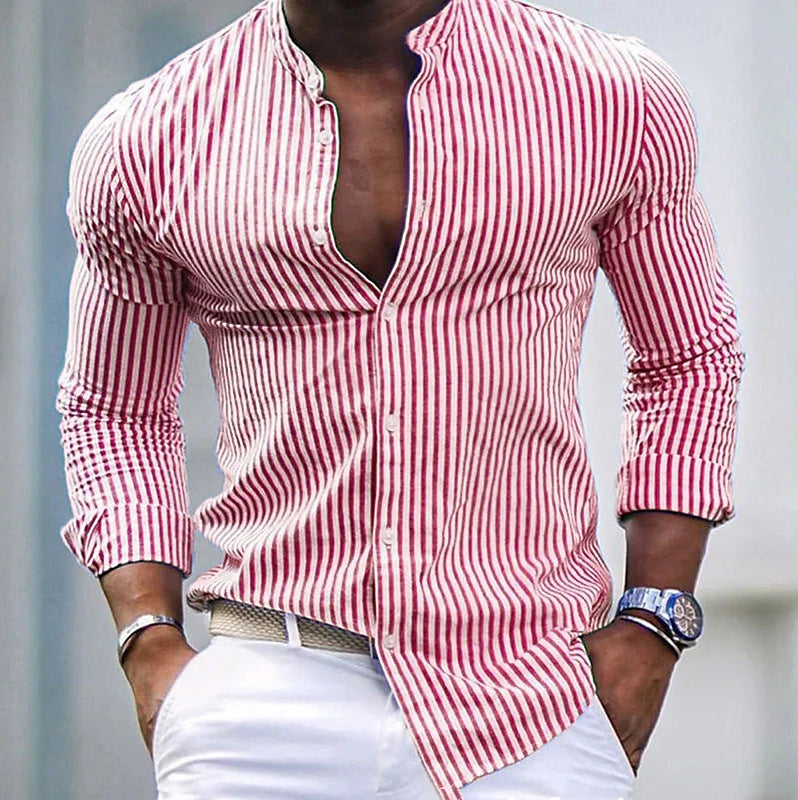 Men's long-sleeve shirt with modern stand-up collar and fine stripe structure Lisslune