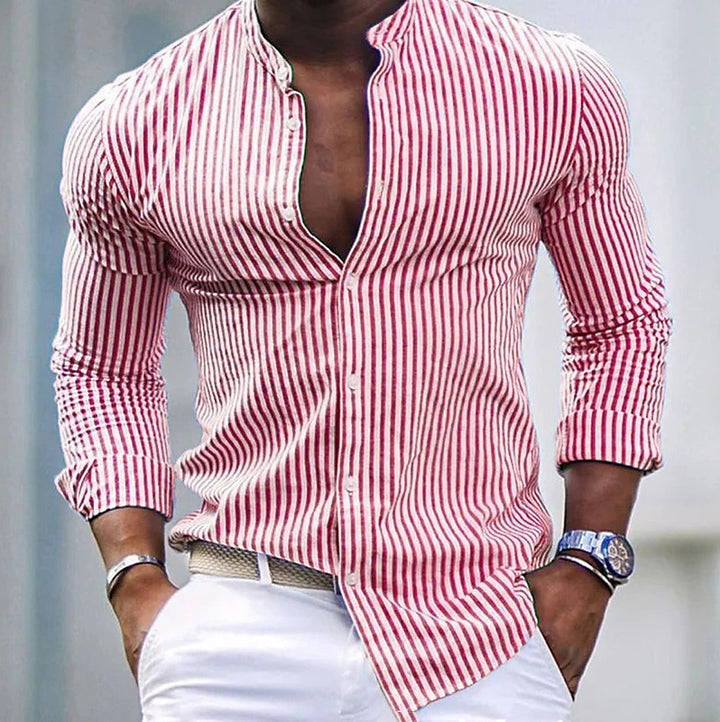 Men's long-sleeve shirt with modern stand-up collar and fine stripe structure Lisslune