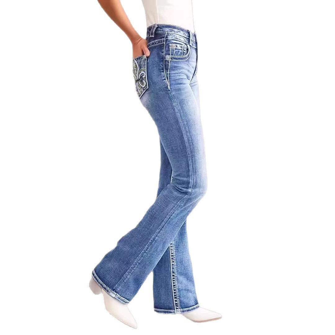 Women's Flared Jeans in Vintage Style with High-Grade Detail and Refined Embroidery Lisslune