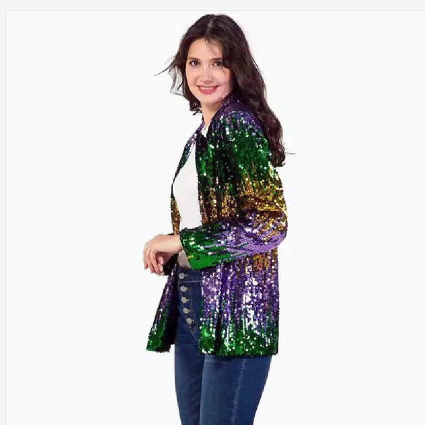 Women's Glittering Sequin Jacket with Open Cut and Long Sleeve Lisslune