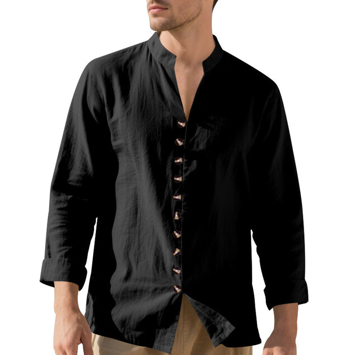 Men's casual long-sleeve shirt with elegant stand collar and chic button details Lisslune