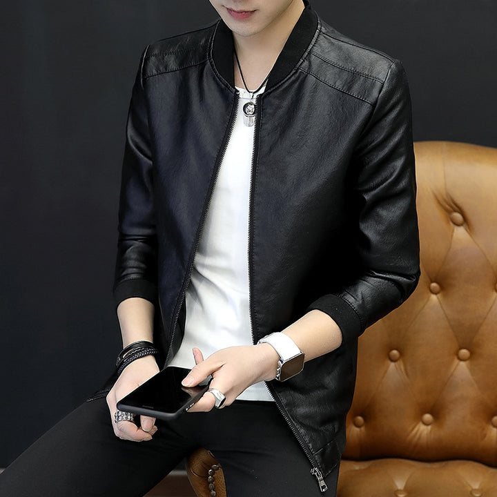 Men's fashionable synthetic leather jacket with sporty cut and practical zippered pockets Lisslune