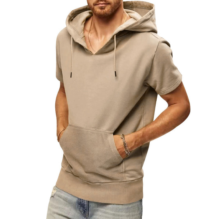 Men's Short Sleeve Hoodie with Practical Kangaroo Pocket Lisslune