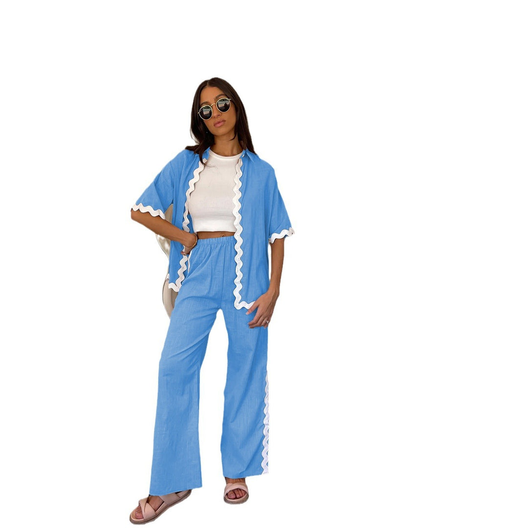 Women's two-piece set with fresh linen fabric and decorative wavy hem
