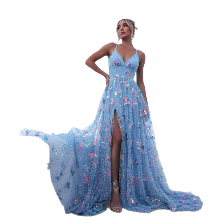 Ladies maxi dress with delicate glitter accents and floral cut