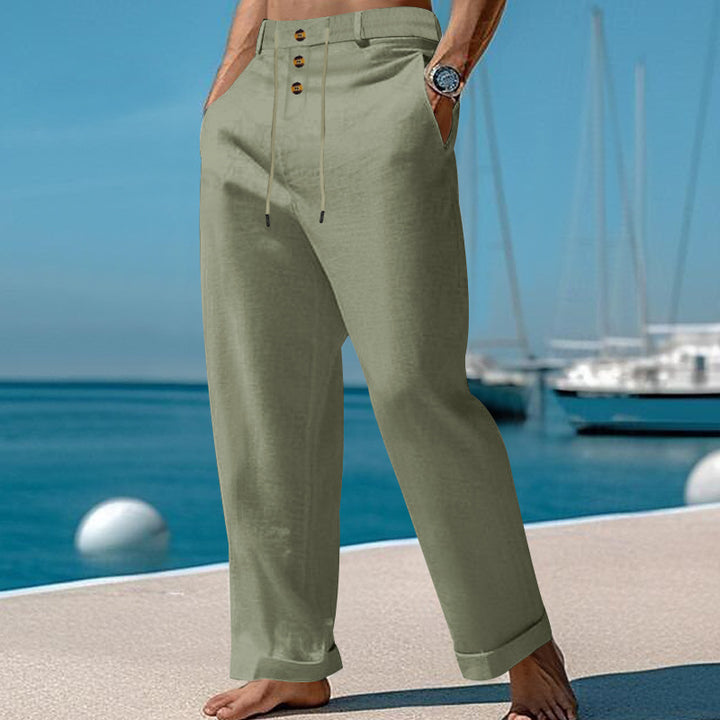 Men's elegant linen pants with adjustable drawstring and button details Lisslune