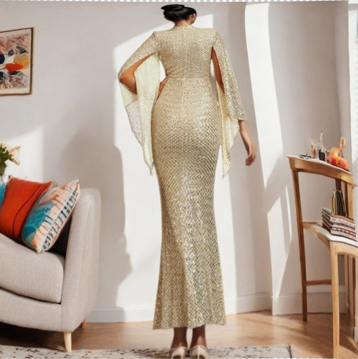 Ladies Glamorous Sequin Evening Dress with Flowing Sleeves Lisslune