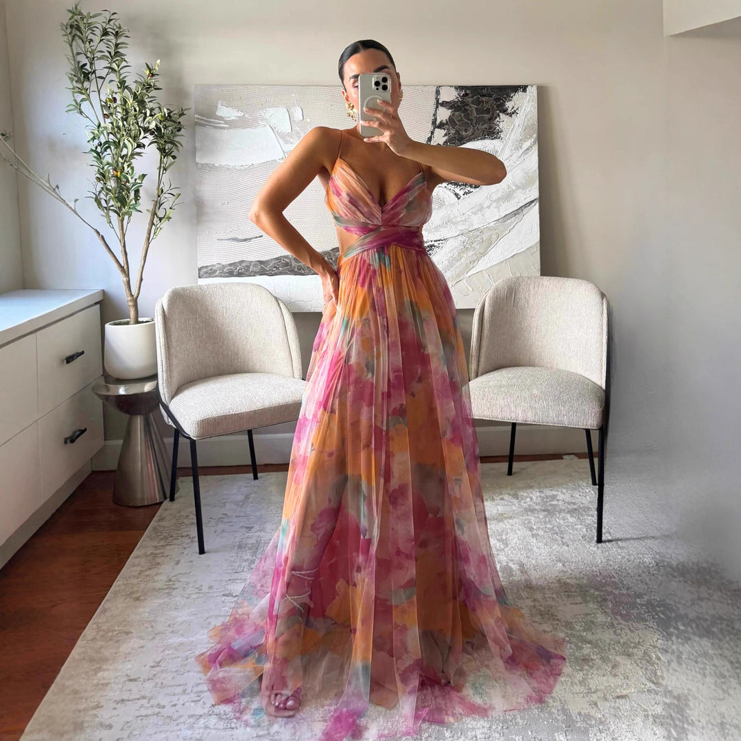 Women's maxi dress with floral chiffon design and elegant waistline