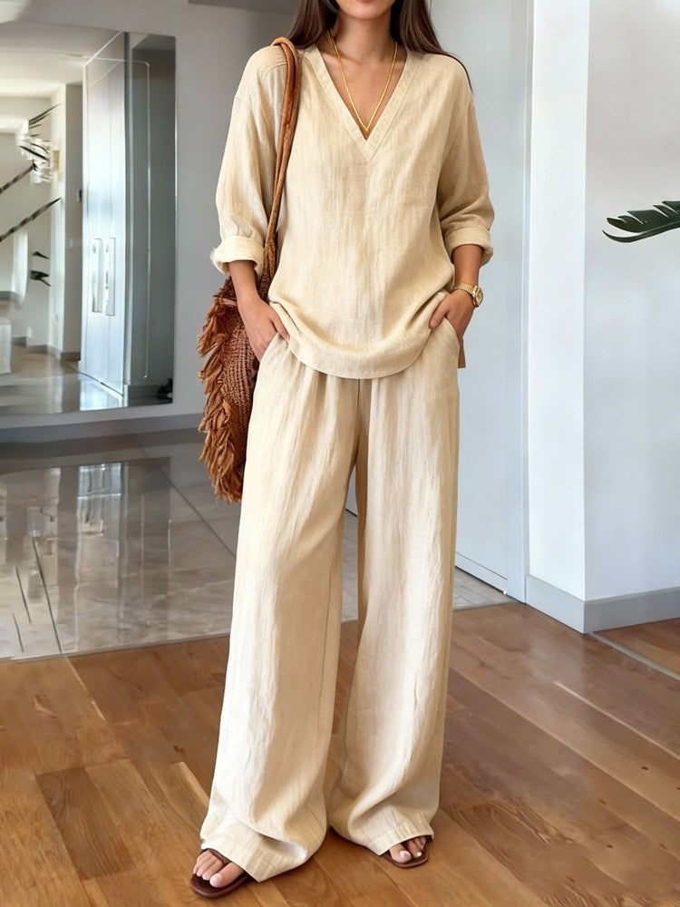 Women's Casual Linen Top and Wide Palazzo Pants Set Lisslune