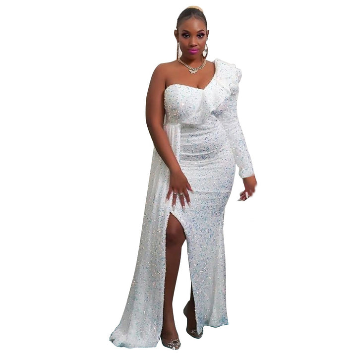 Women's Sparkling Evening Dress with Asymmetrical Design and Flowing Skirt