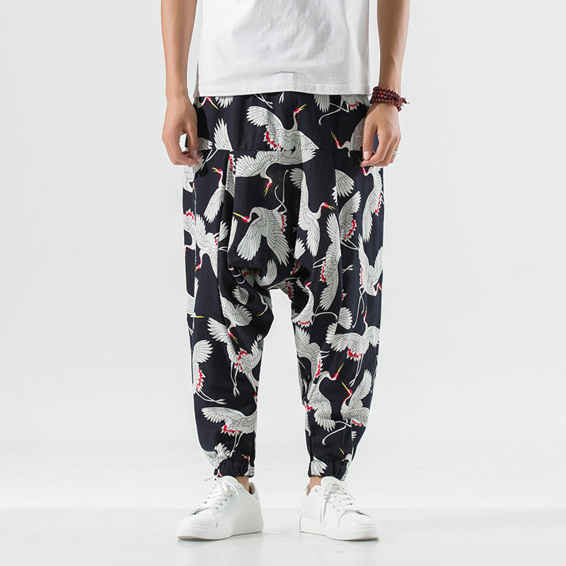 Men's casual and breathable harem pants with unique crane pattern Lisslune