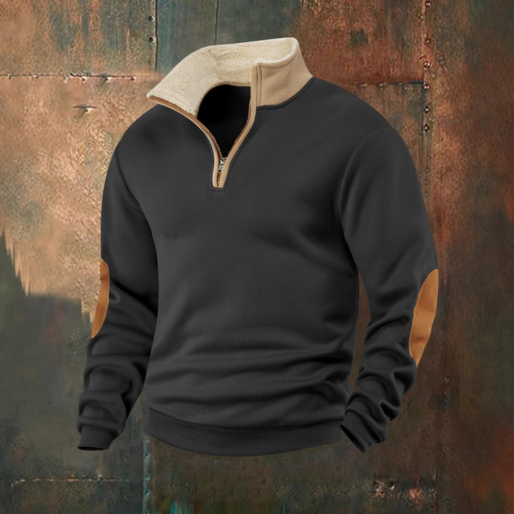 Men's fleece pullover with high collar and fashionable leather appliqués Lisslune