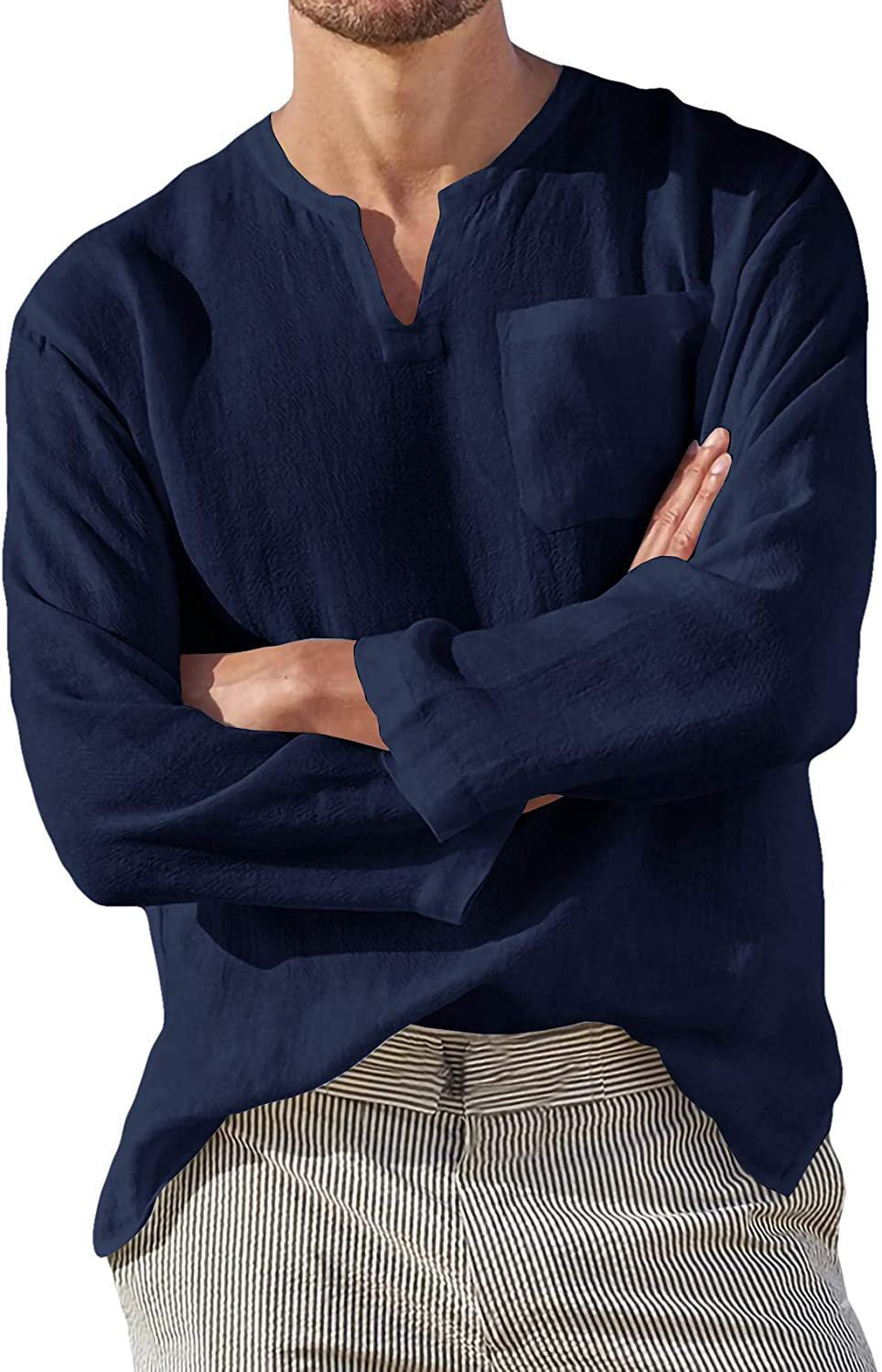 Men's linen shirt with casual V-neck and practical chest pocket Lisslune
