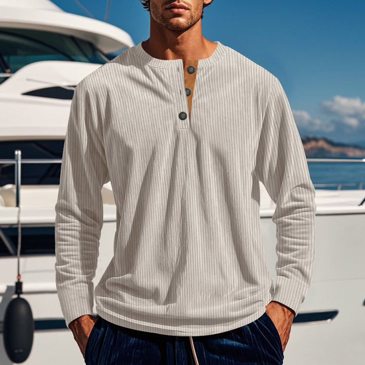 Men's Long Sleeve Shirt with Button Placket and Ribbed Texture Lisslune