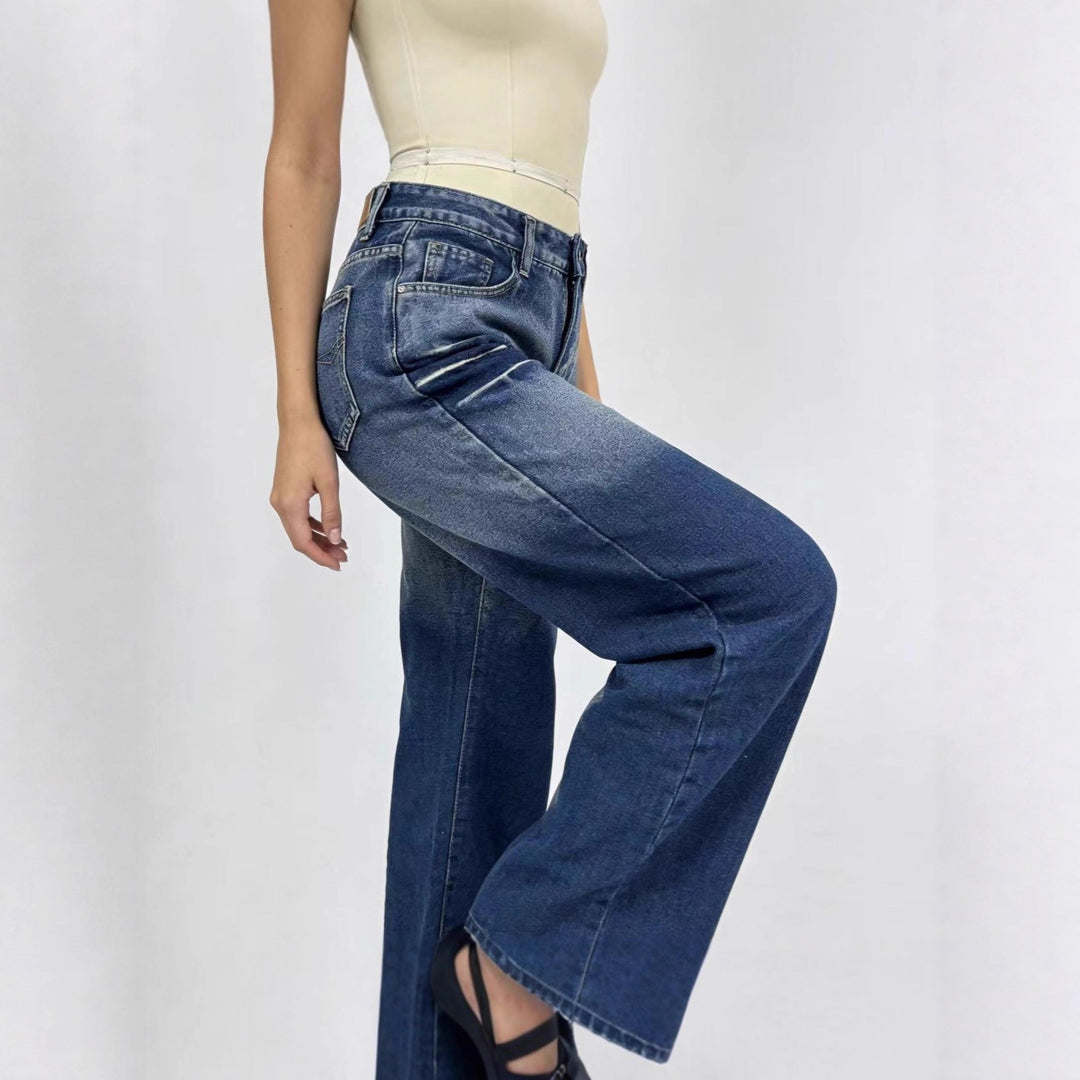 Damen weite hochgeschnittene Jeans mit besonderem Waschungseffekt Lisslune