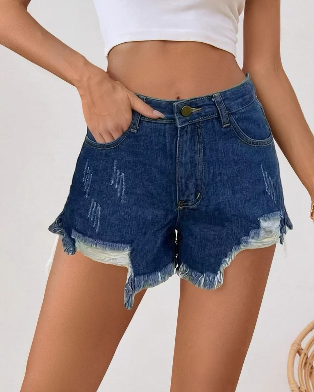 Women's trendy destroyed denim shorts with frayed hem Lisslune