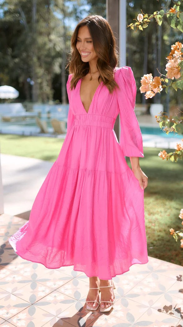 Women's long-sleeve maxi dress with deep V-neck and wide skirt Lune London