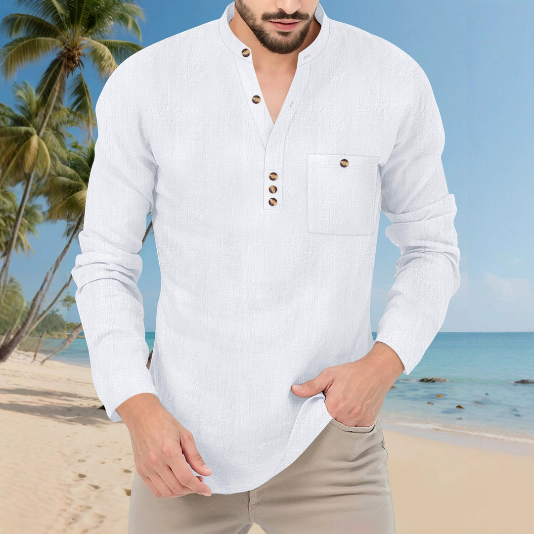 Men's Casual Long Sleeve Shirt with Button Placket and Chest Pocket Lisslune