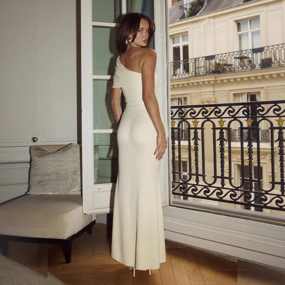Damen Elegantes One-Shoulder Maxikleid mit figurbetonendem Schnitt und verspieltem Bindeband Lisslune