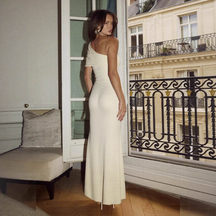 Damen Elegantes One-Shoulder Maxikleid mit figurbetonendem Schnitt und verspieltem Bindeband Lisslune