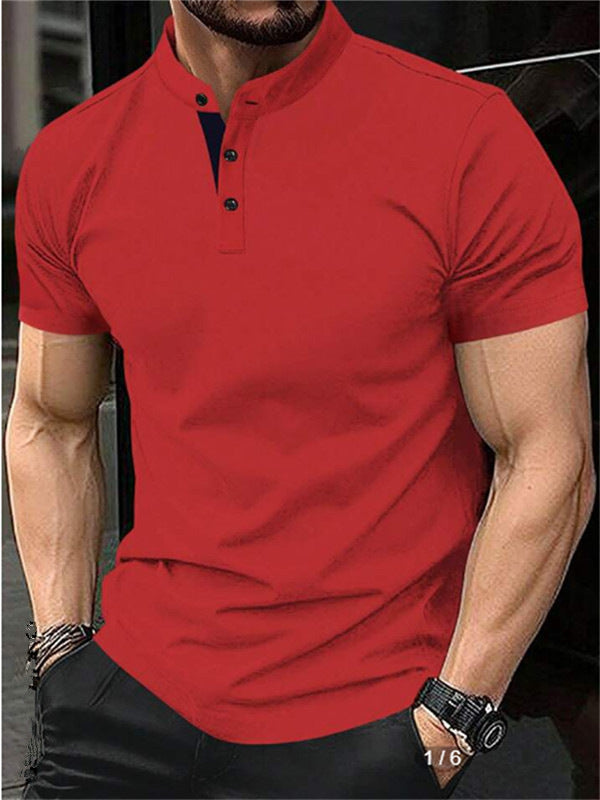 Men's stylish short-sleeve shirt with modern stand-up collar and decorative buttons Lisslune