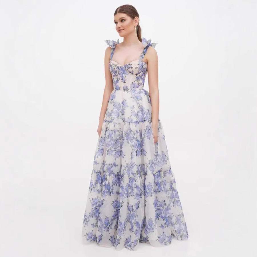 Women Elegant Maxi Dress with Floral Details and Ruffled Straps Lisslune