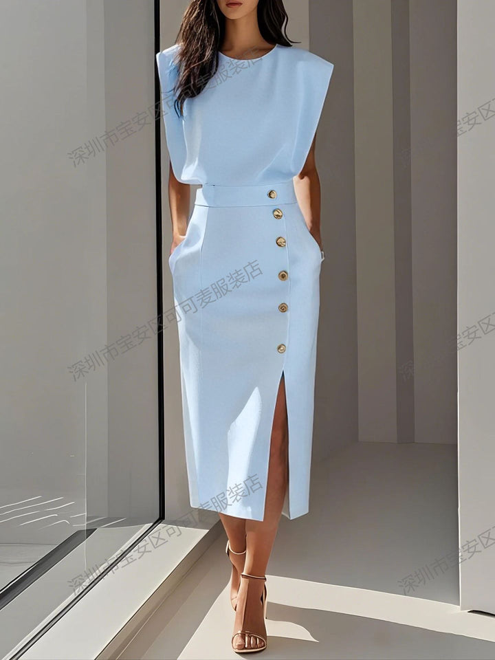 Women's Elegant Evening Dress with High Shoulders and Side Slit Lisslune