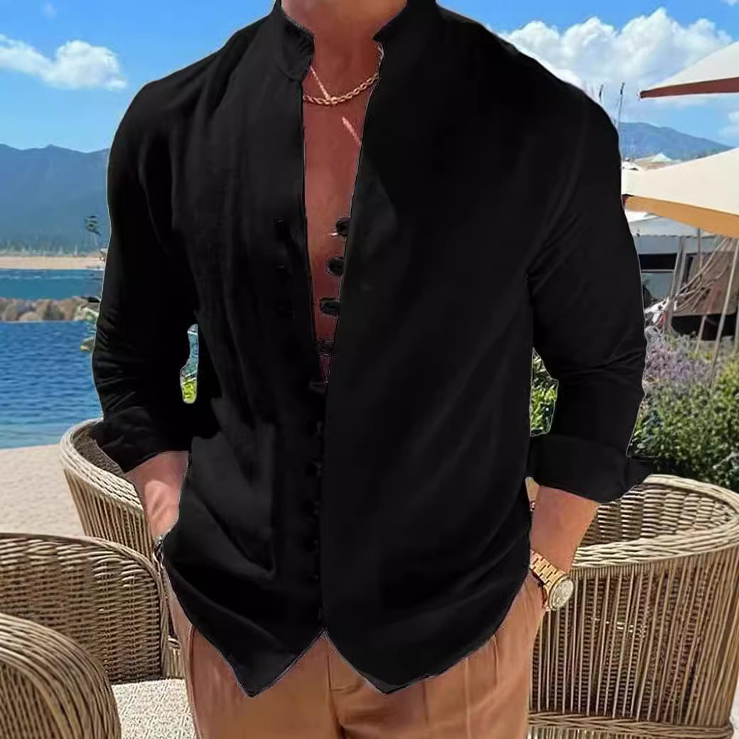 Men's long-sleeve shirt with stylish button placket and casual stand-up collar Lisslune