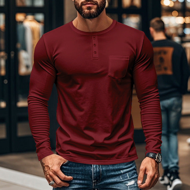 Men's long-sleeved Henley shirt with textured cotton surface and chest pocket Lisslune