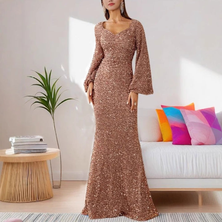 Ladies Glamorous Glitter Evening Dress with Swinging Skirt and Voluminous Sleeves Lisslune