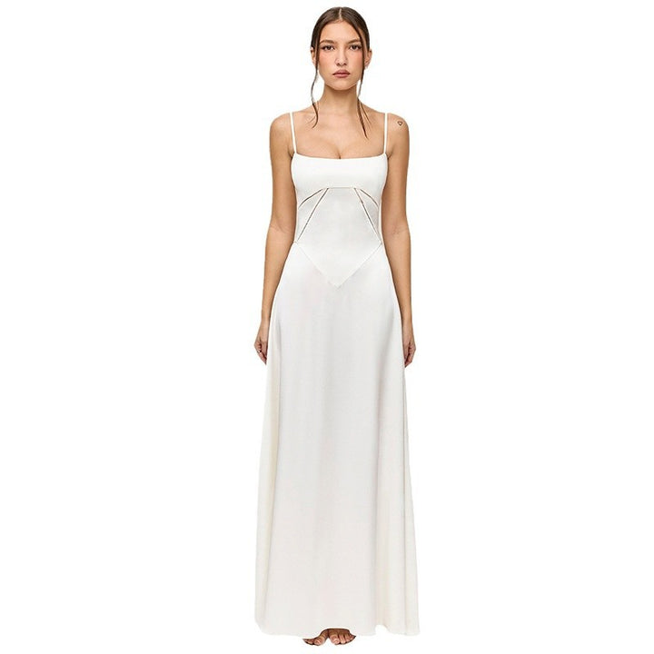 Women's Elegant Maxi Dress with Slim Spaghetti Straps and Flowing Satin Fall Lisslune