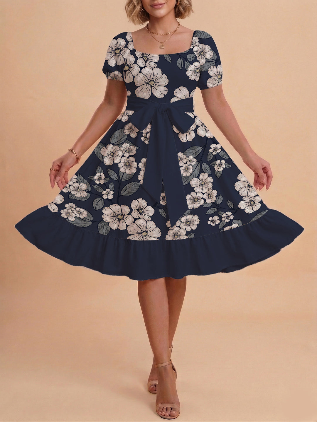 Women's Midi Dress with Elegant Floral Print and Fitted Belt Lisslune