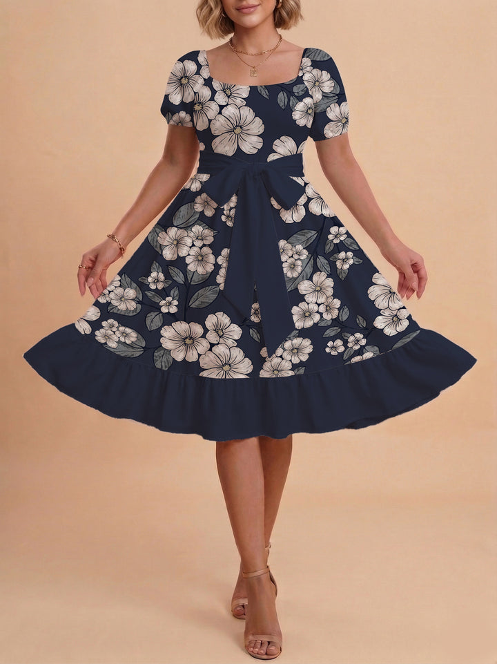 Women's Midi Dress with Elegant Floral Print and Fitted Belt Lisslune