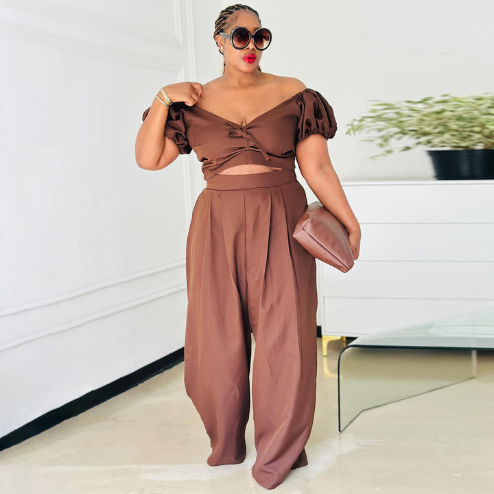Women's Crop Top and Palazzo Pants Set with Voluminous Sleeves and Elegant Pleats Lisslune