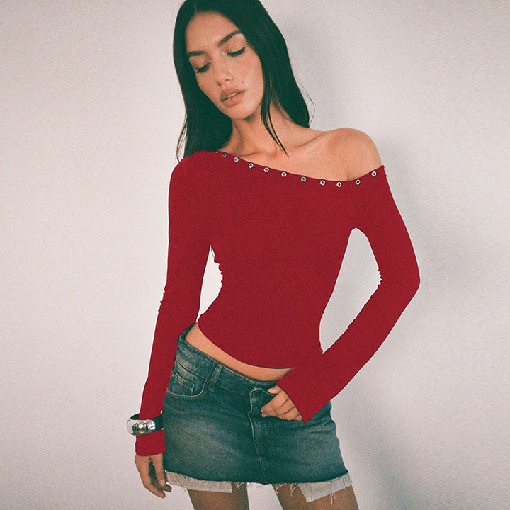 Women's Off-Shoulder Top with Fashionable Buttons and Figure-Hugging Cut
