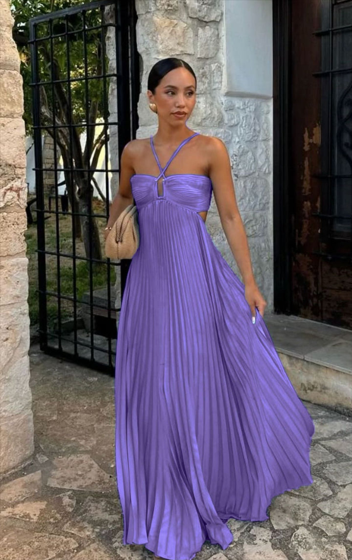 Women's pleated dress with off-the-shoulder design and refined strap details