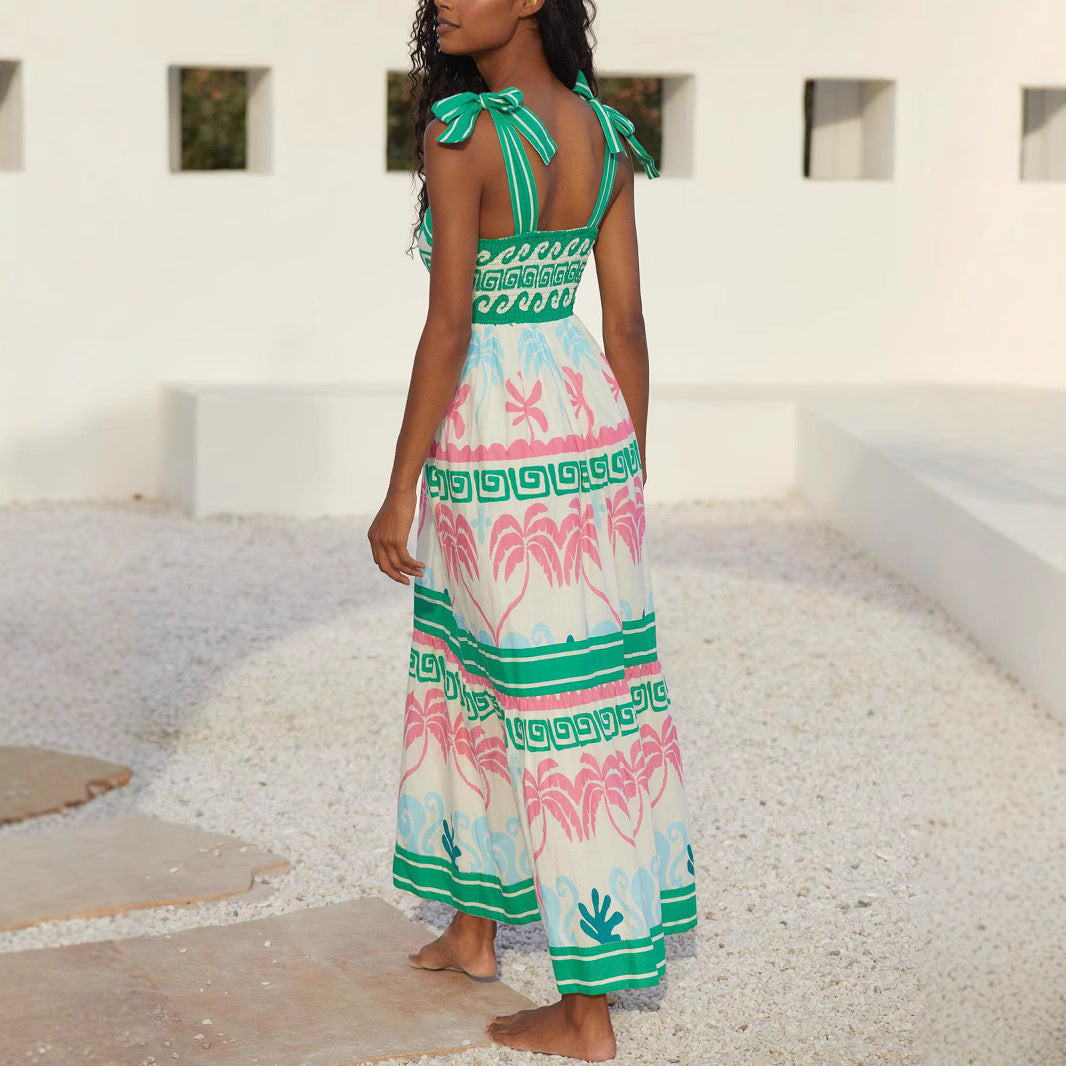 Women's summer maxi dress with a unique graphic pattern and practical pockets