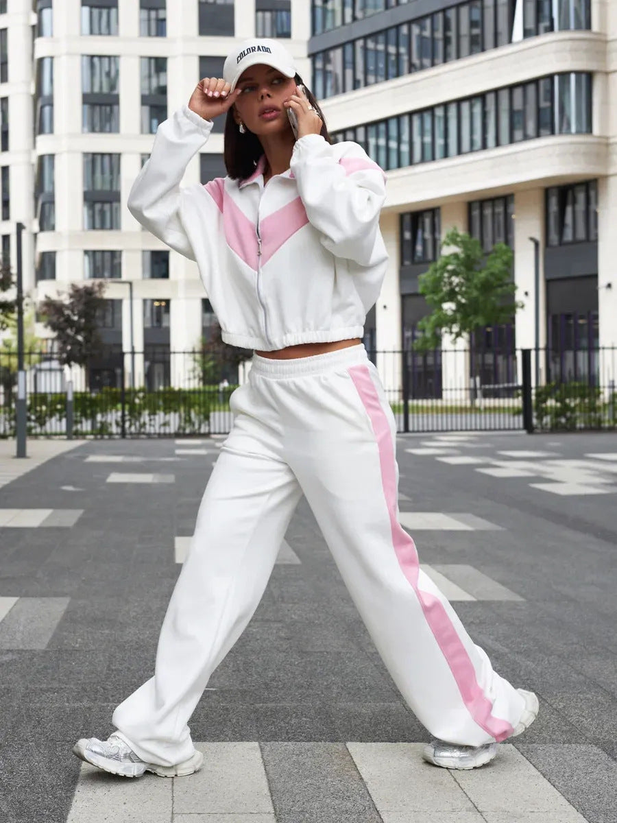 Women's sporty fleece set with high collar zipper and loose fit Lisslune