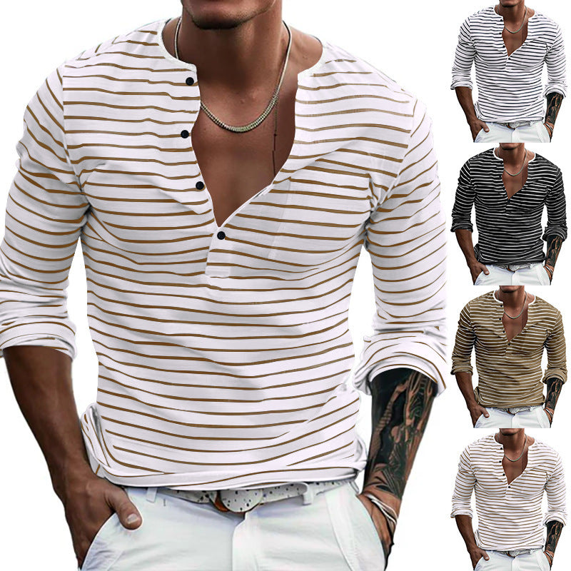 Men's Casual Long Sleeve Shirt with Subtle Stripe Pattern and Button Placket Lisslune