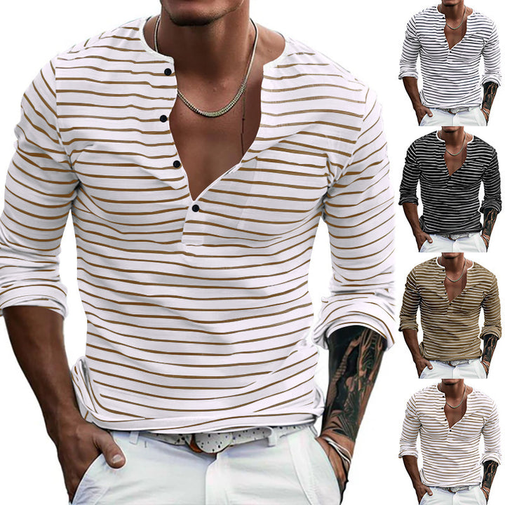Men's Casual Long Sleeve Shirt with Subtle Stripe Pattern and Button Placket Lisslune