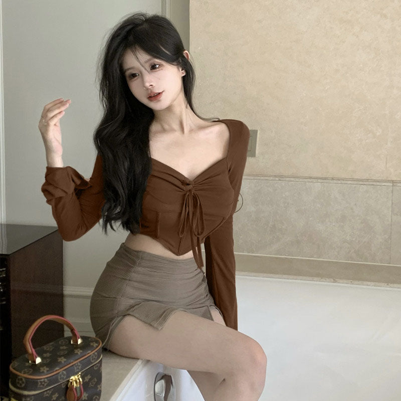 Women's Cropped Long Sleeve Shirt with Decorative Lacing and Casual Cut