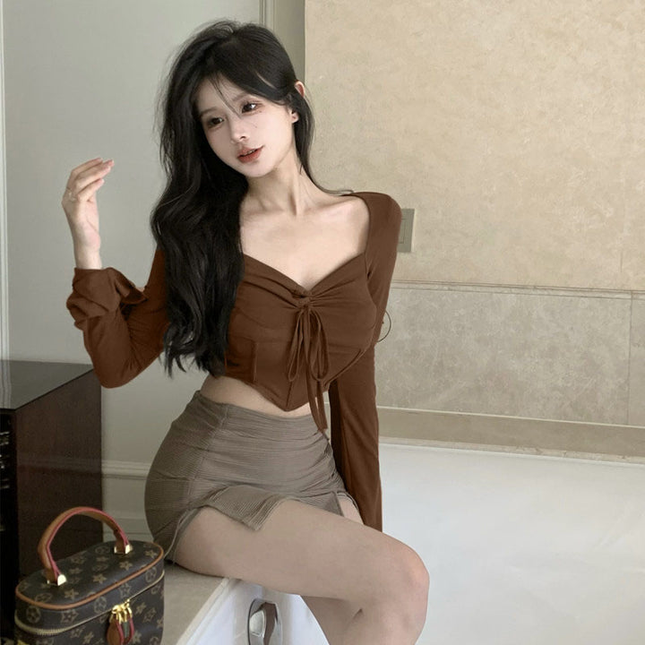 Women's Cropped Long Sleeve Shirt with Decorative Lacing and Casual Cut